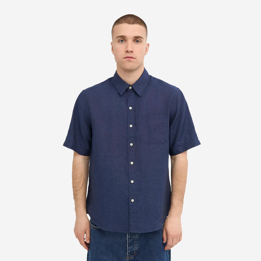 Linen Short-Sleeve Shirt - Petrol Blue