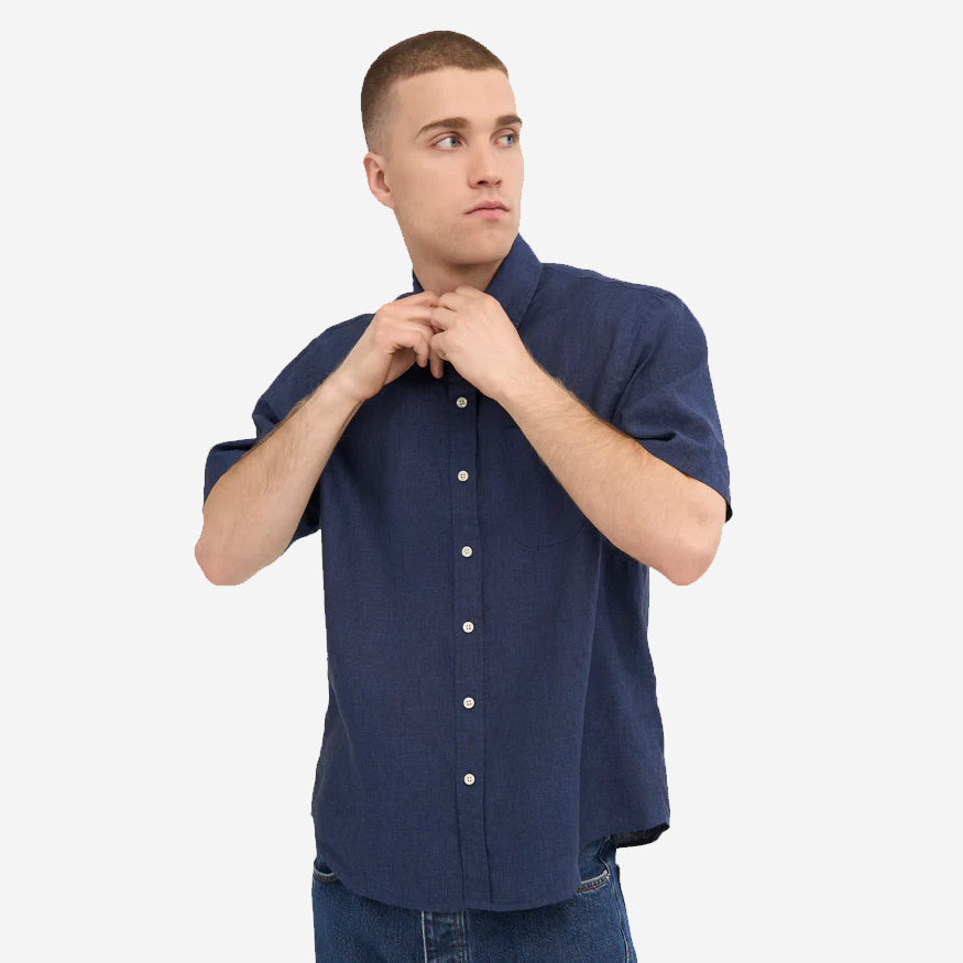 Linen Short-Sleeve Shirt - Petrol Blue