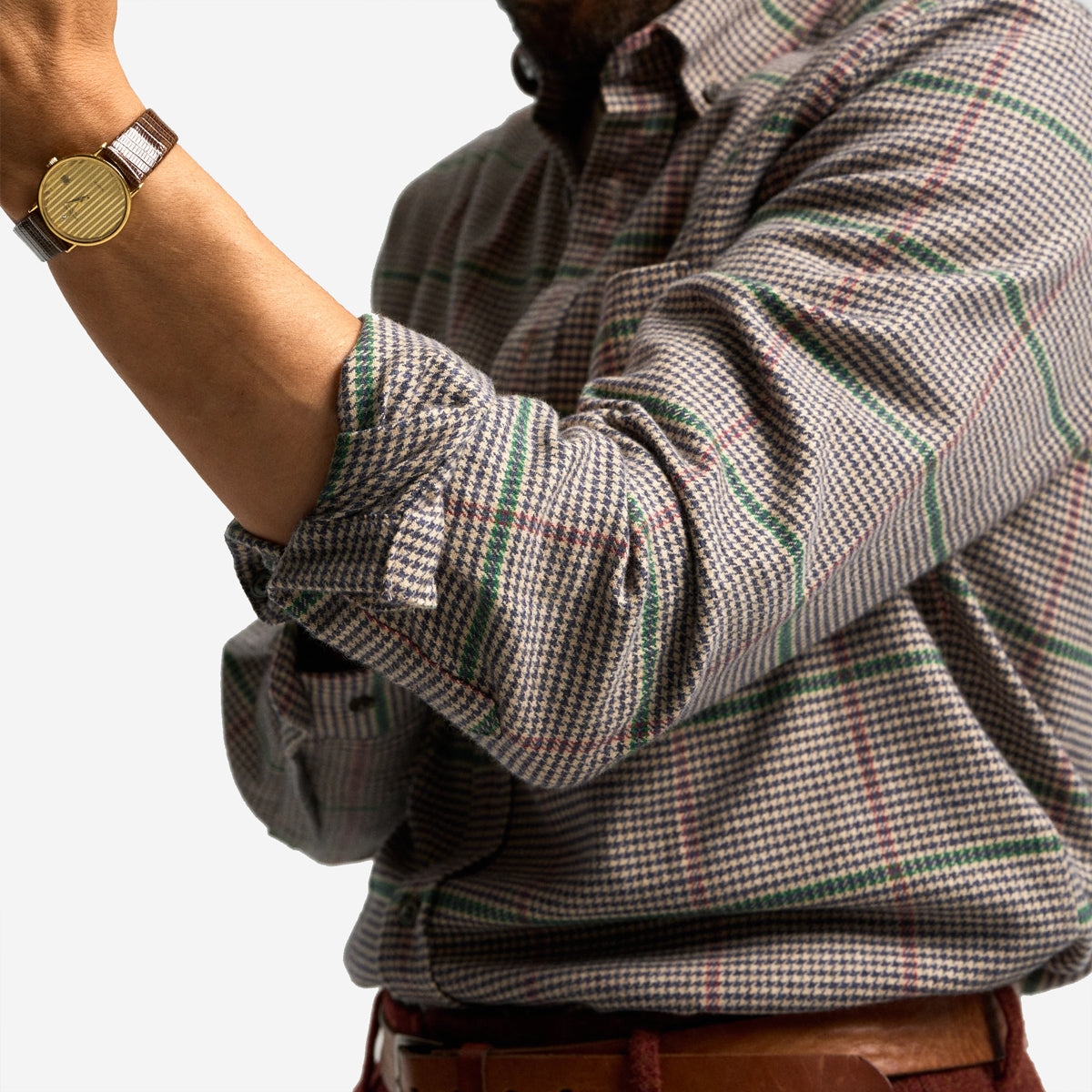 Brook Houndstooth Plaid Flannel Shirt - Light Tan/Navy
