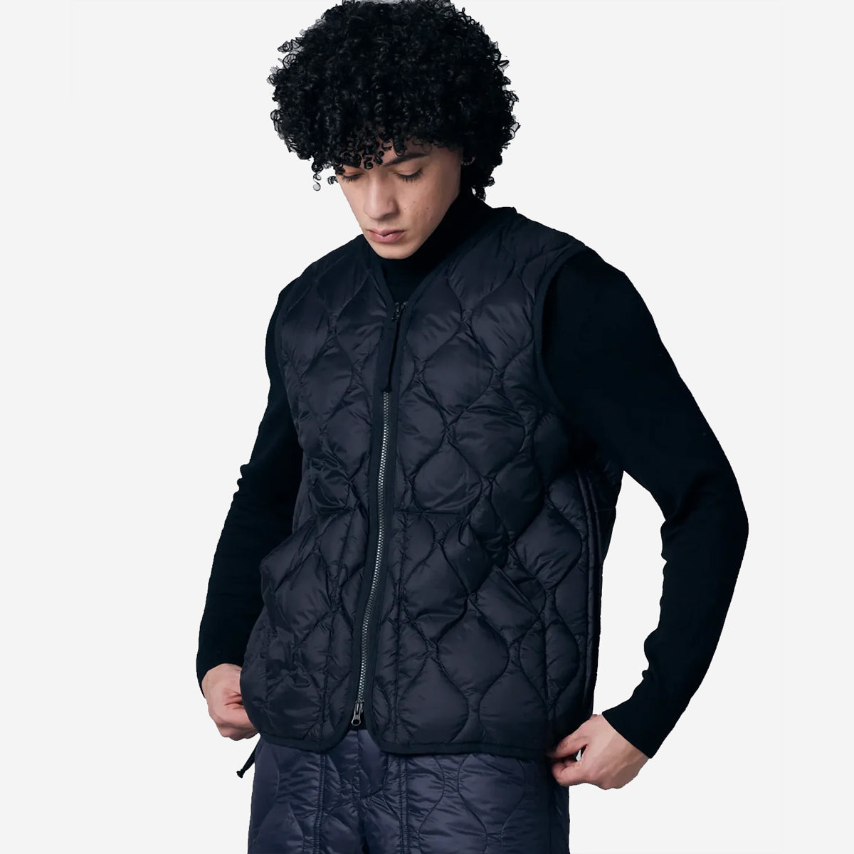 Military Zip V-Neck Down Soft Shell Vest - Black