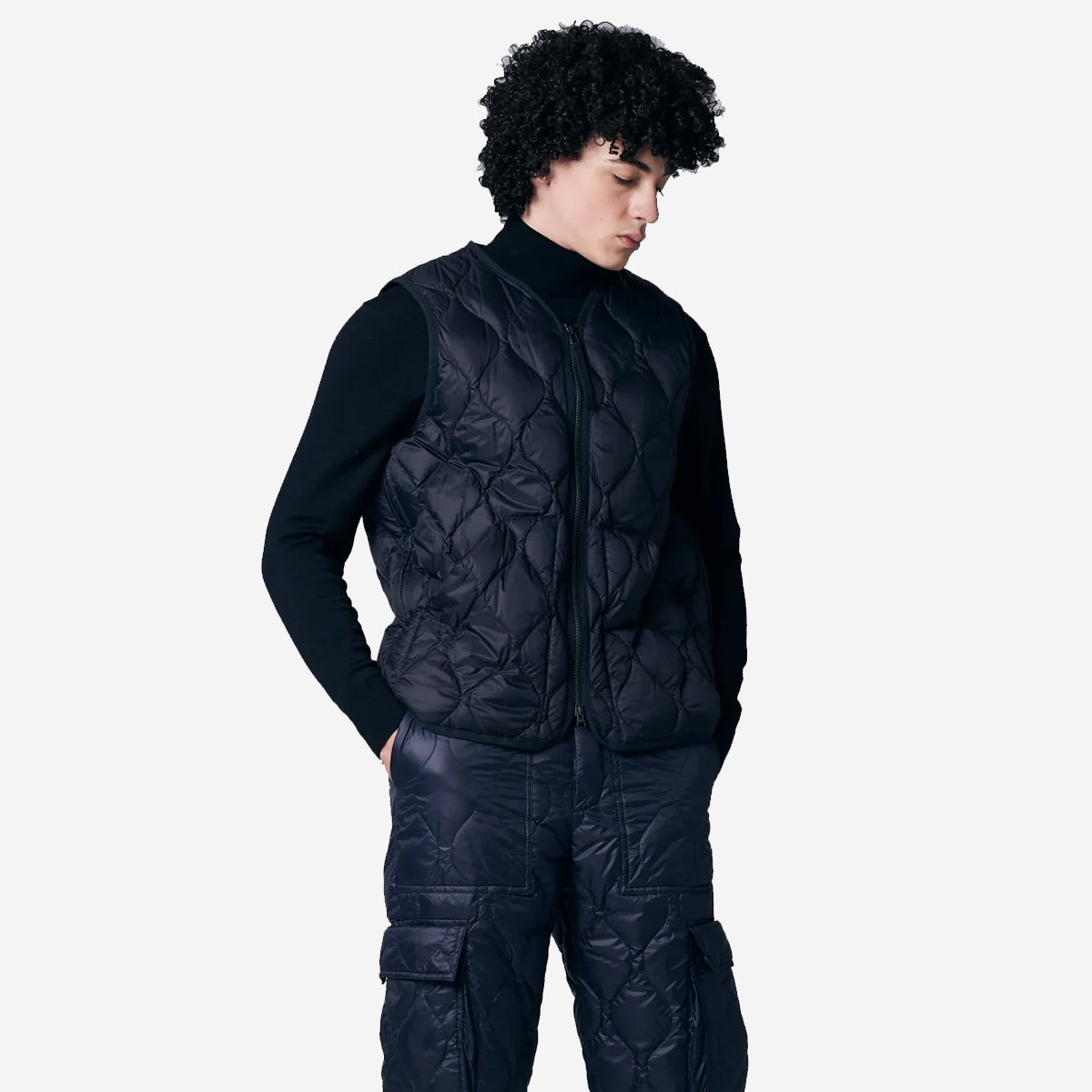 Military Zip V-Neck Down Soft Shell Vest - Black