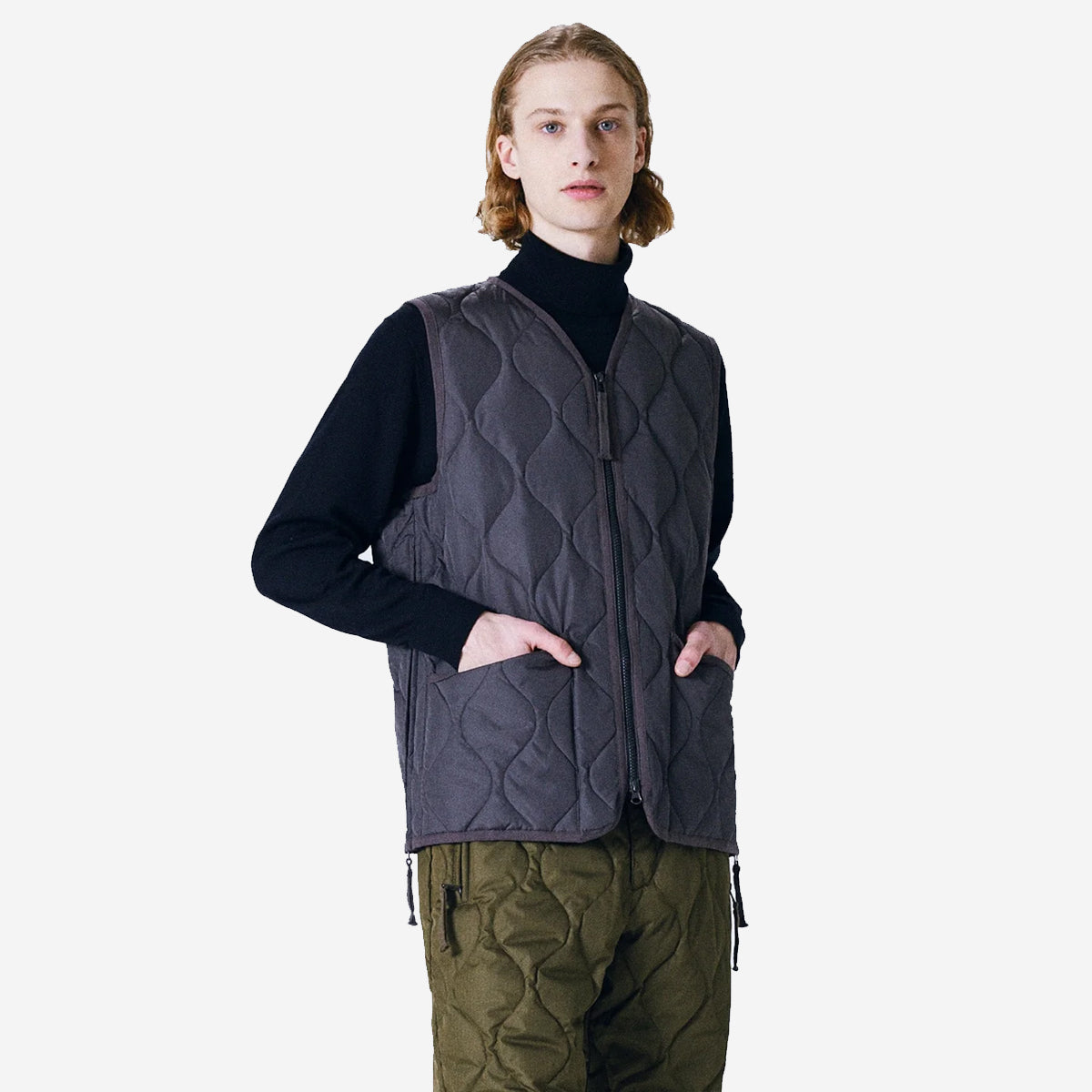 Military Zip V-Neck Down Hard Shell Vest - Charcoal