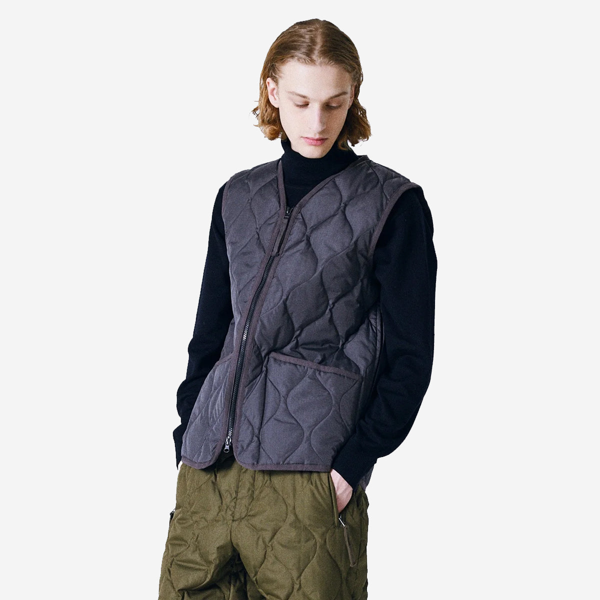 Military Zip V-Neck Down Hard Shell Vest - Charcoal