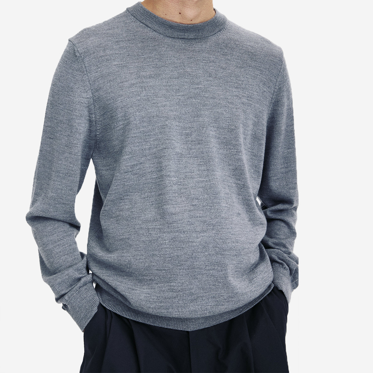 Merino Wool Knit Crewneck Sweater - Grey