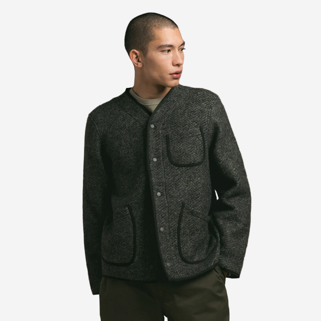 Neist Herringbone Wool Cardigan - Moss