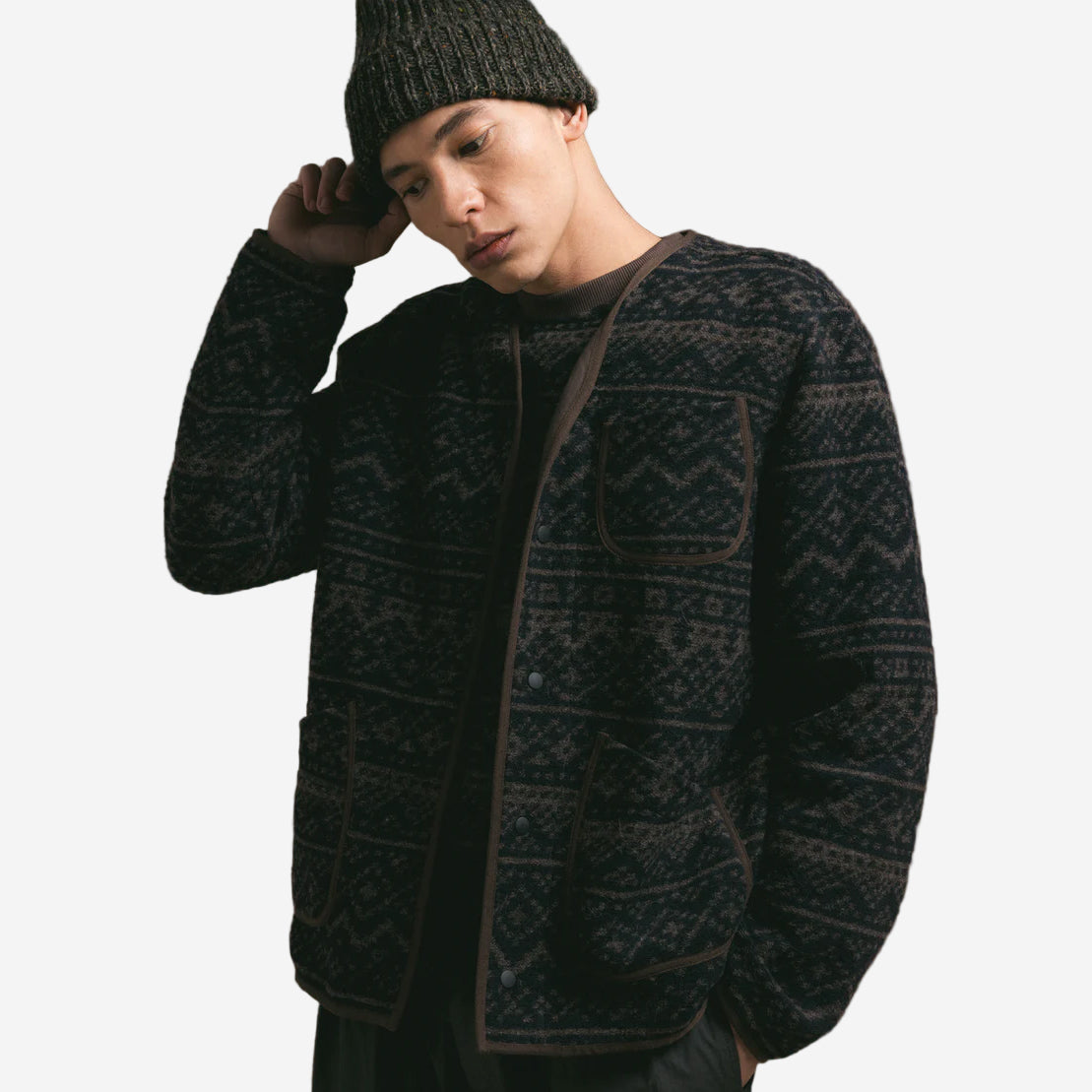 Neist Knitted Fairisle Cardigan - Peat/Black