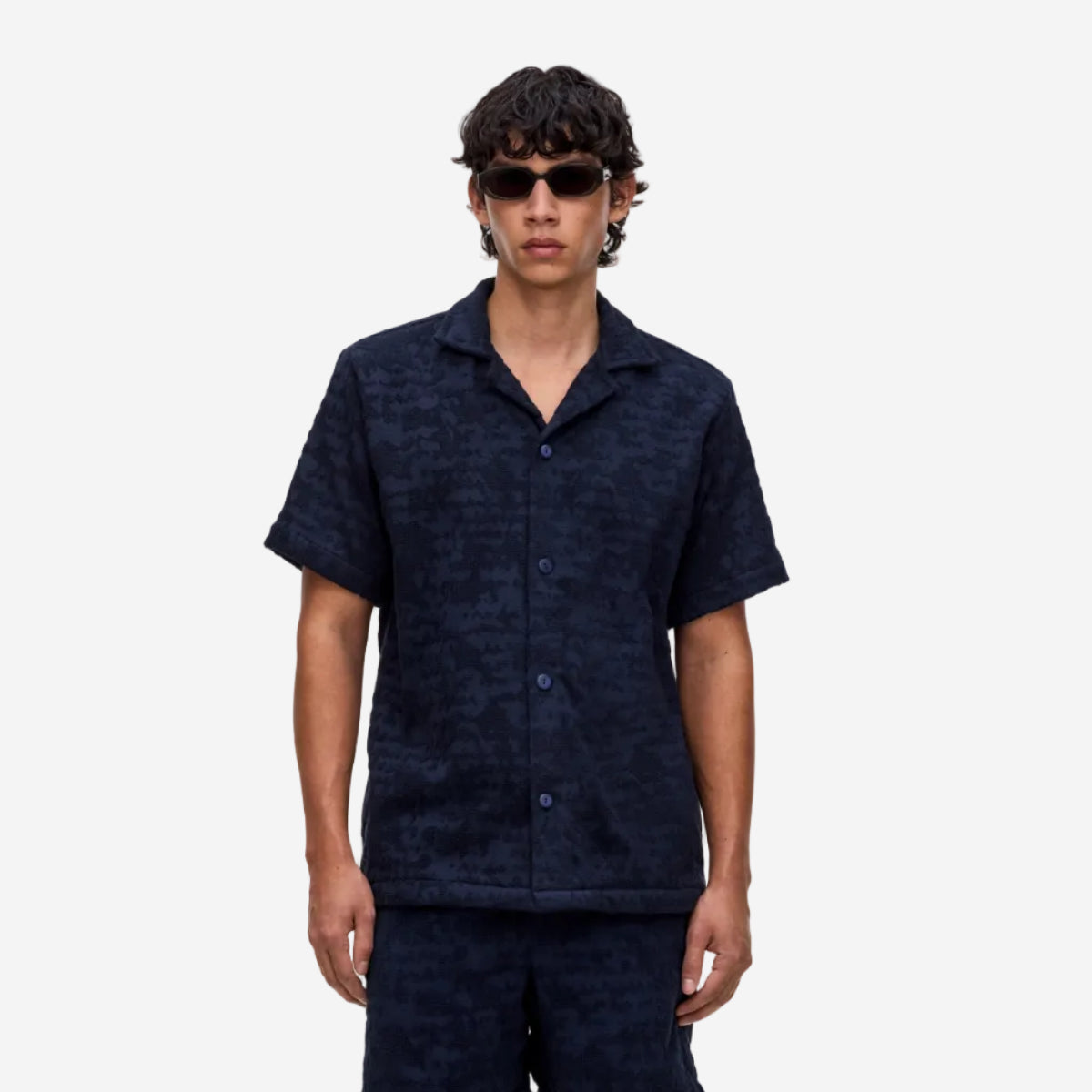 Night Lagoon Cuba Terry Jacquard Vacation Shirt - Navy