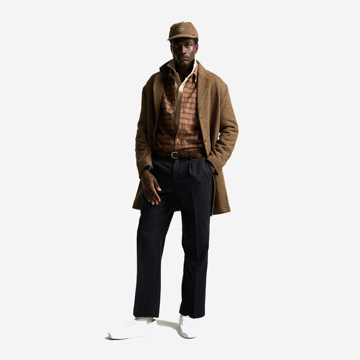 Wool Houndstooth Overcoat - Caramel Pied Poule