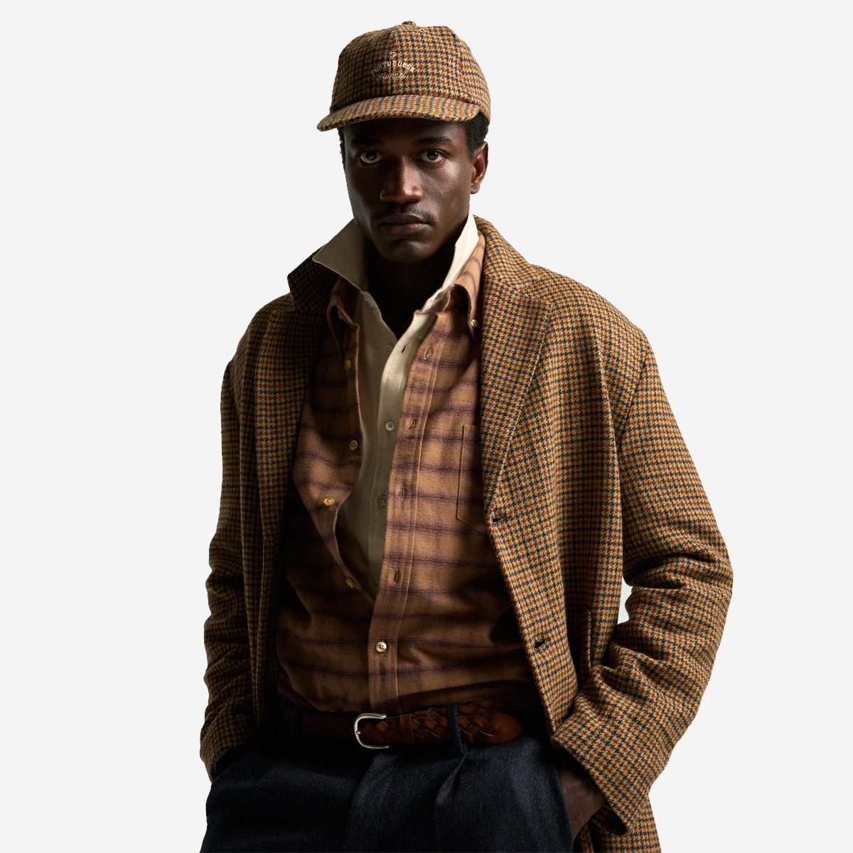 Wool Houndstooth Overcoat - Caramel Pied Poule