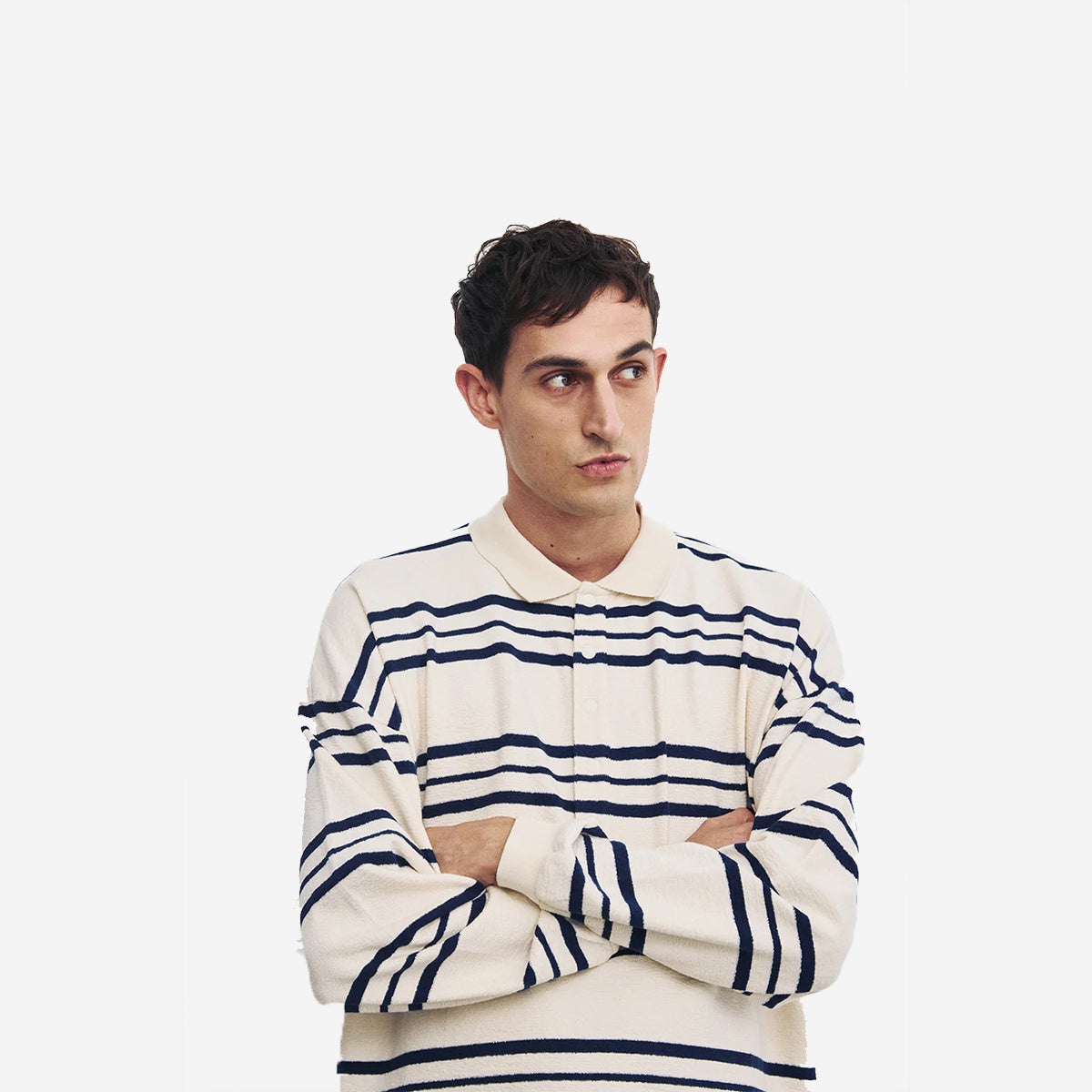 Oversized L/S Terry Polo - Navy Stripe