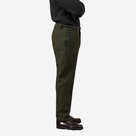 Oxnard One Pleat Herringbone Linen Wool Easy Pants - Green