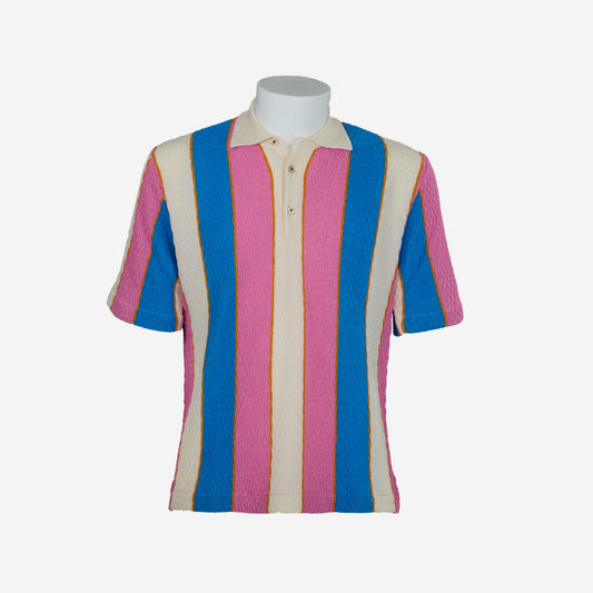 Polloi Bouclé Stripe Knit Polo - Pink/Blue