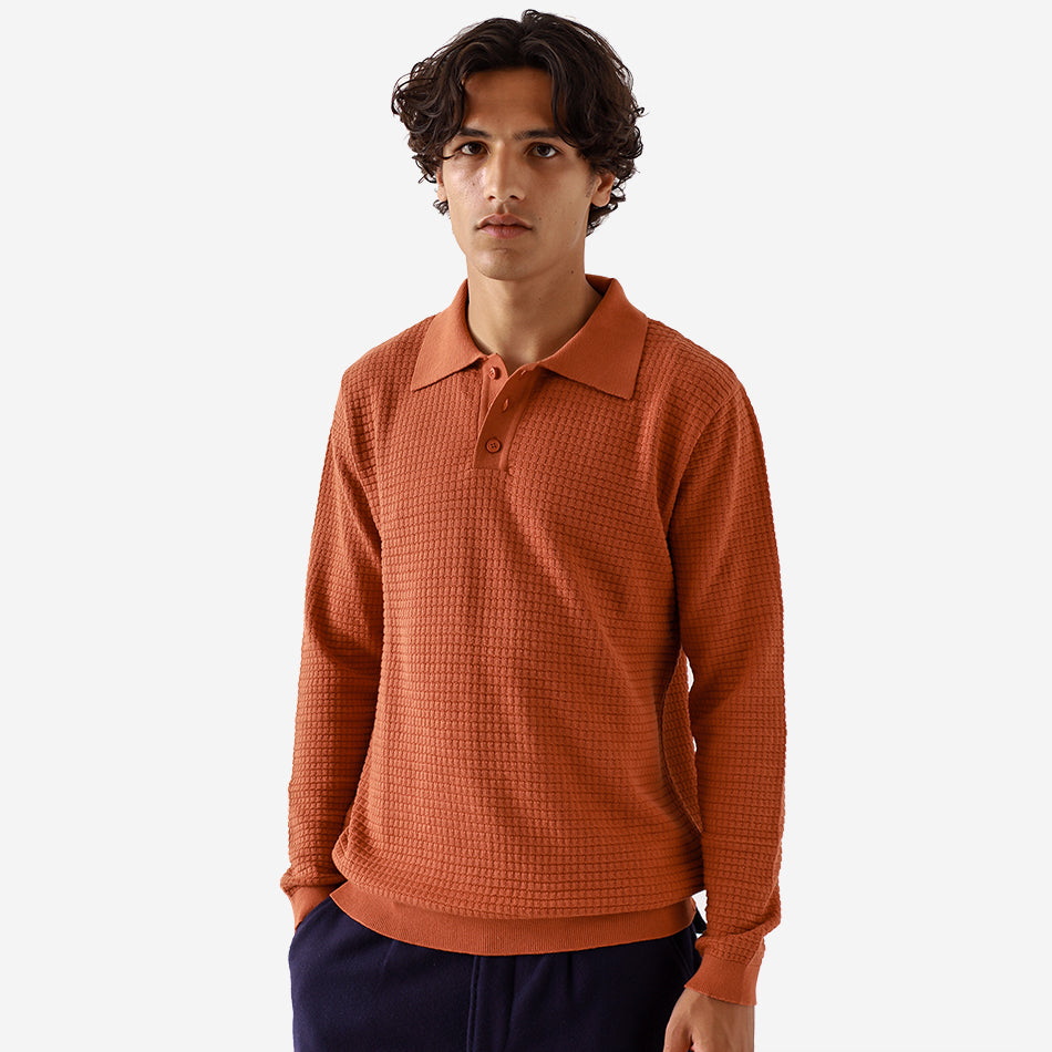 Renard Waffle Knitted L/S Polo - Burnt Orange