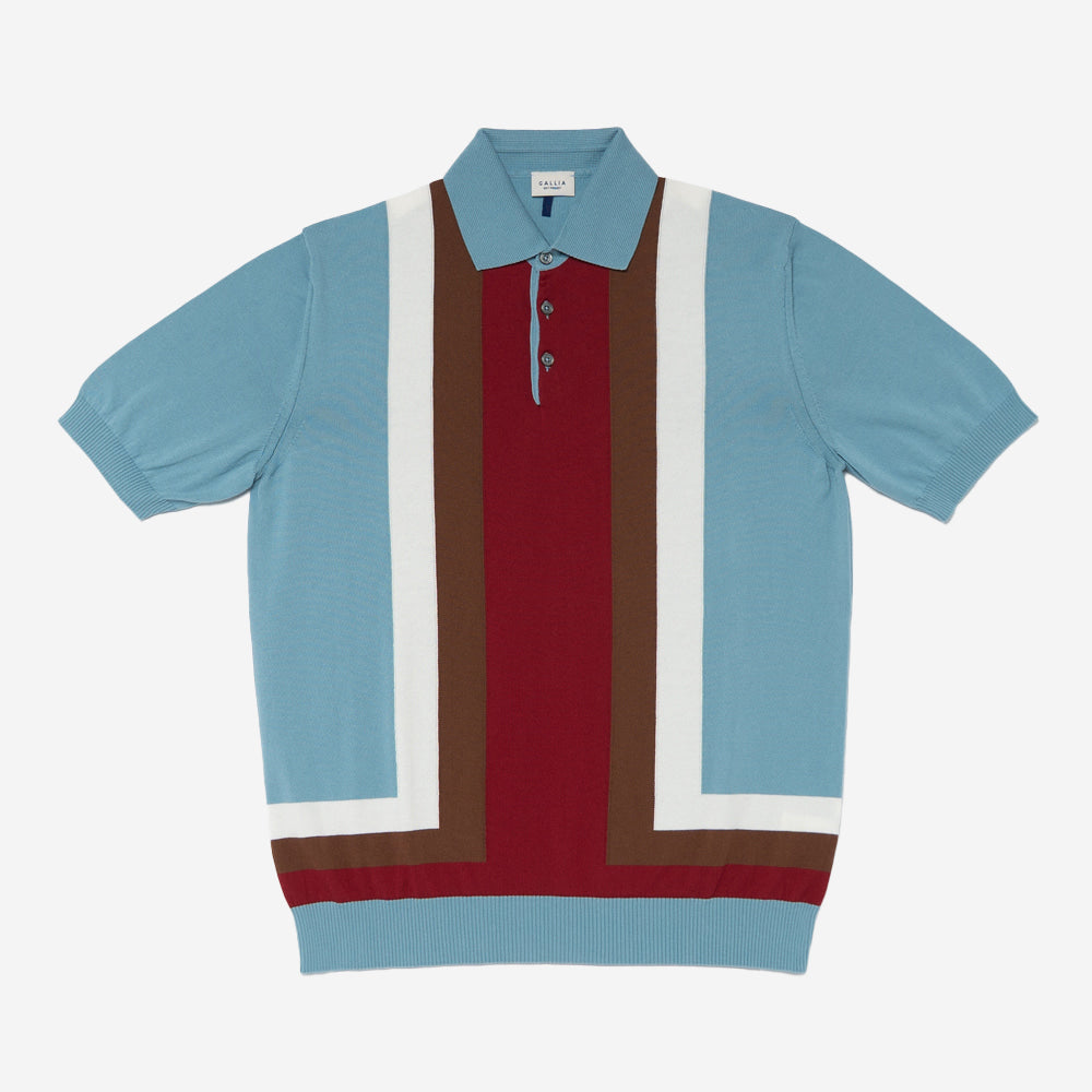 Reto Inlay Line Knit Polo - Blue/Brown/Burgundy
