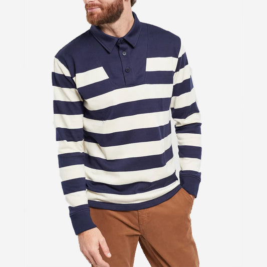 Rustic Knit Striped Polo Shirt - Deep Marine/Natural