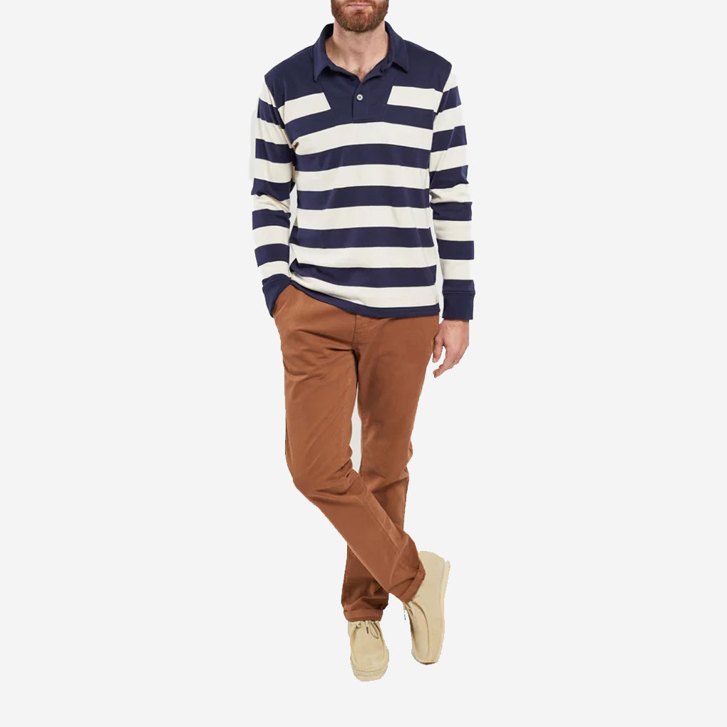 Rustic Knit Striped Polo Shirt - Deep Marine/Natural