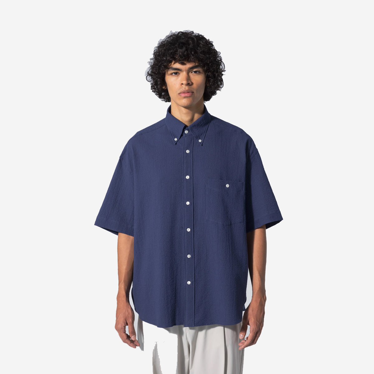 Baggy Seersucker S/S Shirt - Navy