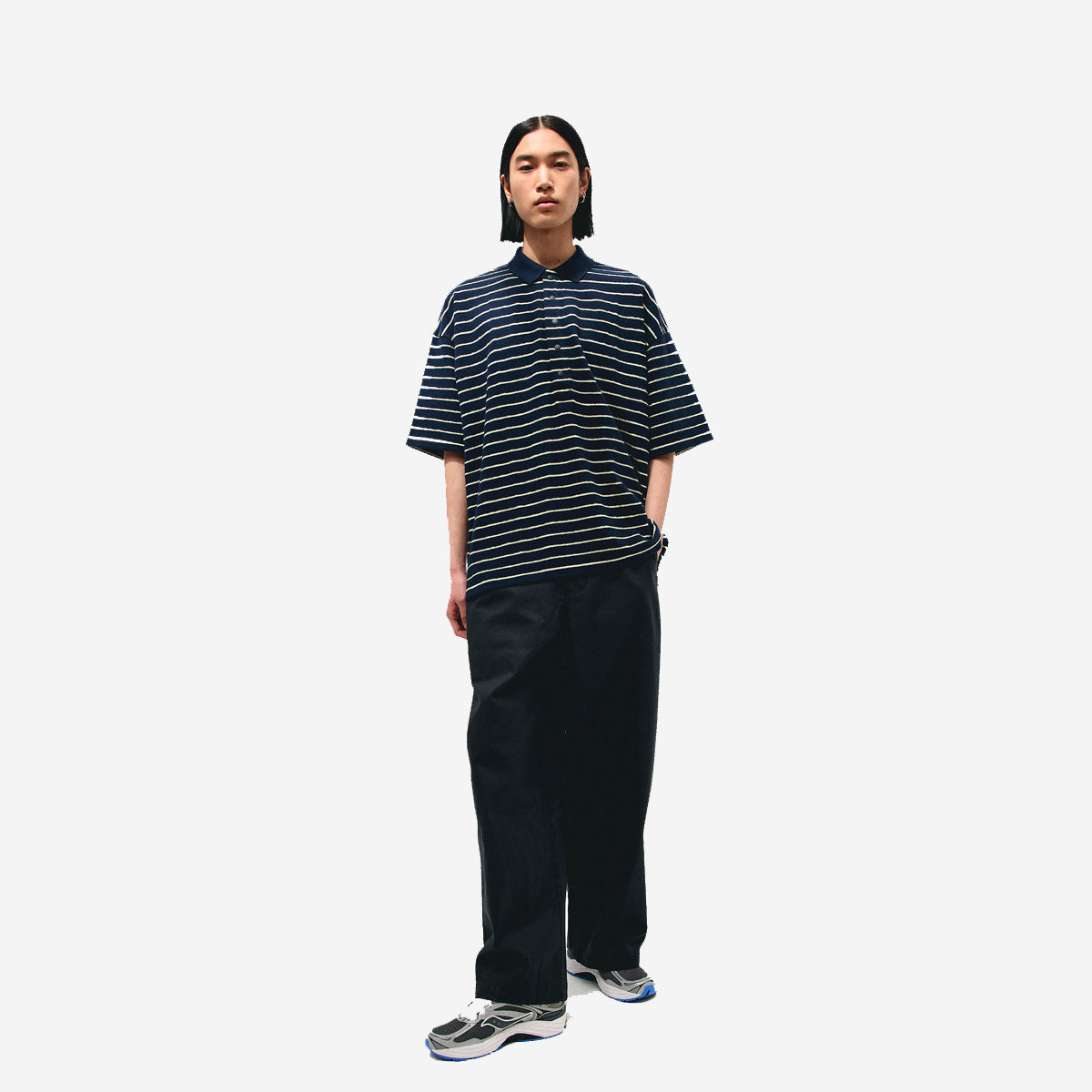 Oversized Stripes Terry Polo - Blue Graphite/Lemon