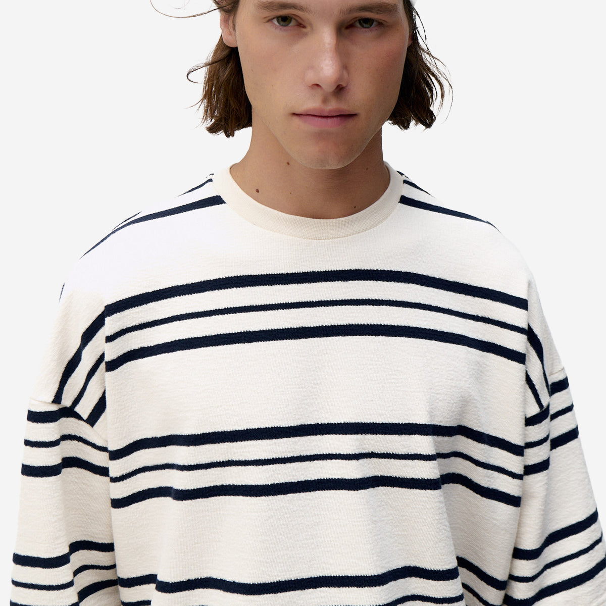 Oversized Stripes Terry T-Shirt - White/Dark Navy