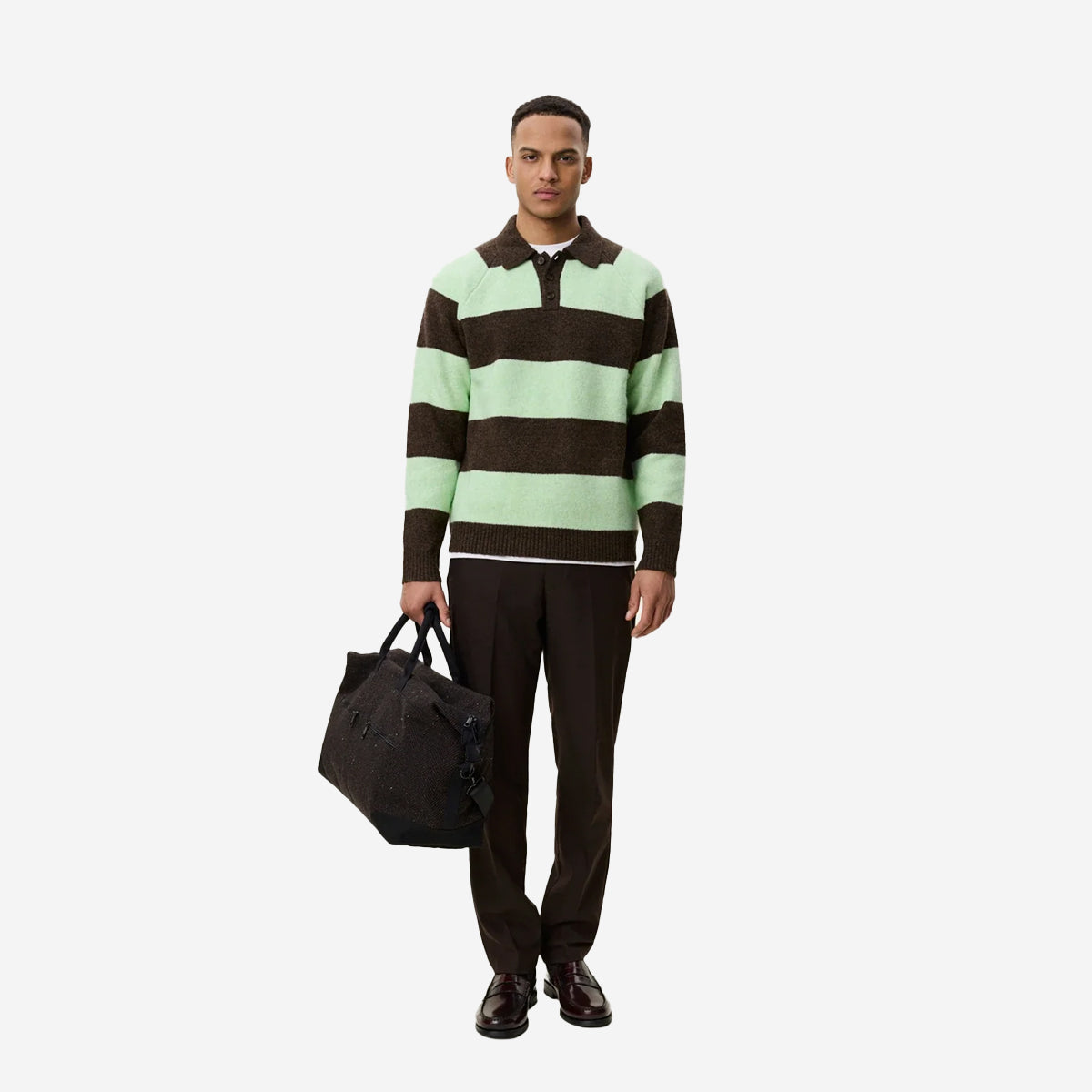 Striped Wool Knitted Polo - Mountain Brown Melange