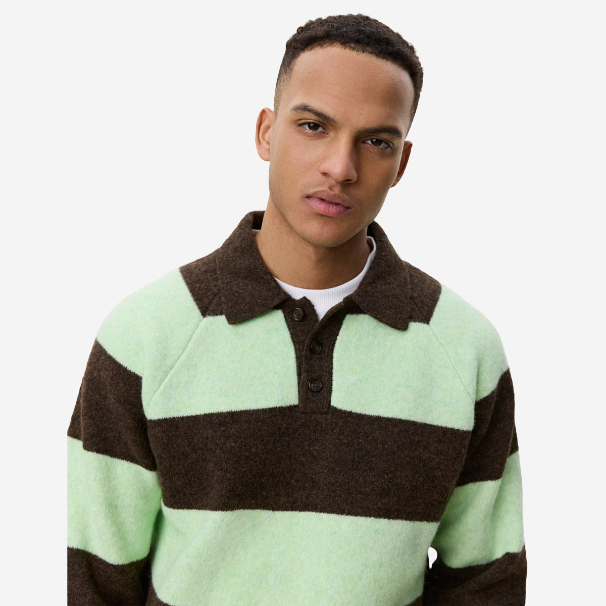 Striped Wool Knitted Polo - Mountain Brown Melange