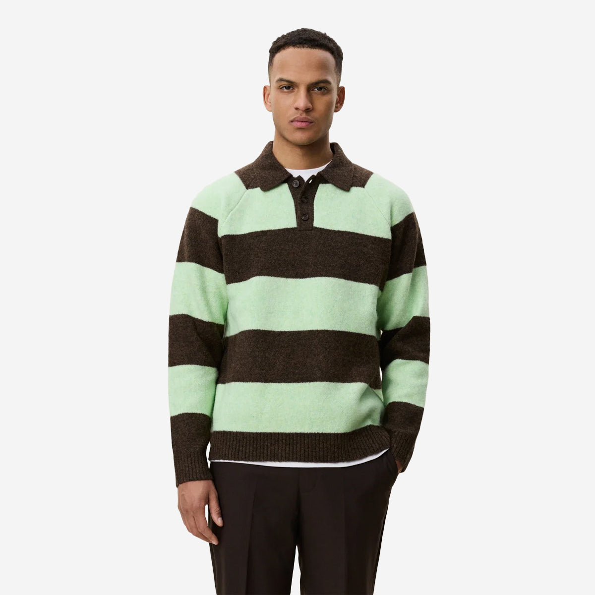 Striped Wool Knitted Polo - Mountain Brown Melange