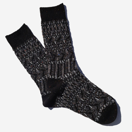 Tweed Jacquard Pattern Crew Socks - Black