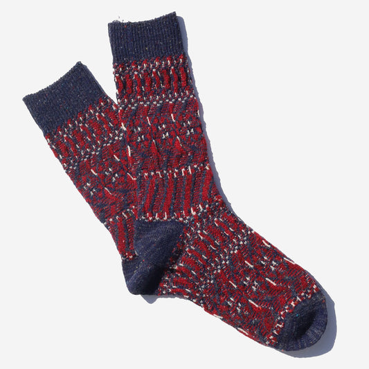Tweed Jacquard Pattern Crew Socks - Navy