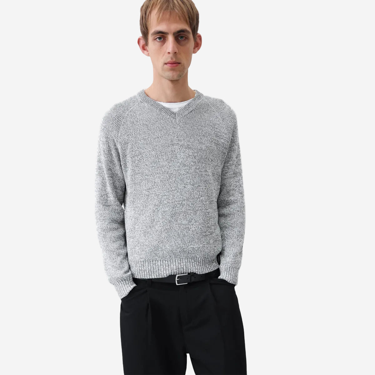 V-Neck Heather C/W Knit Sweater - Ash