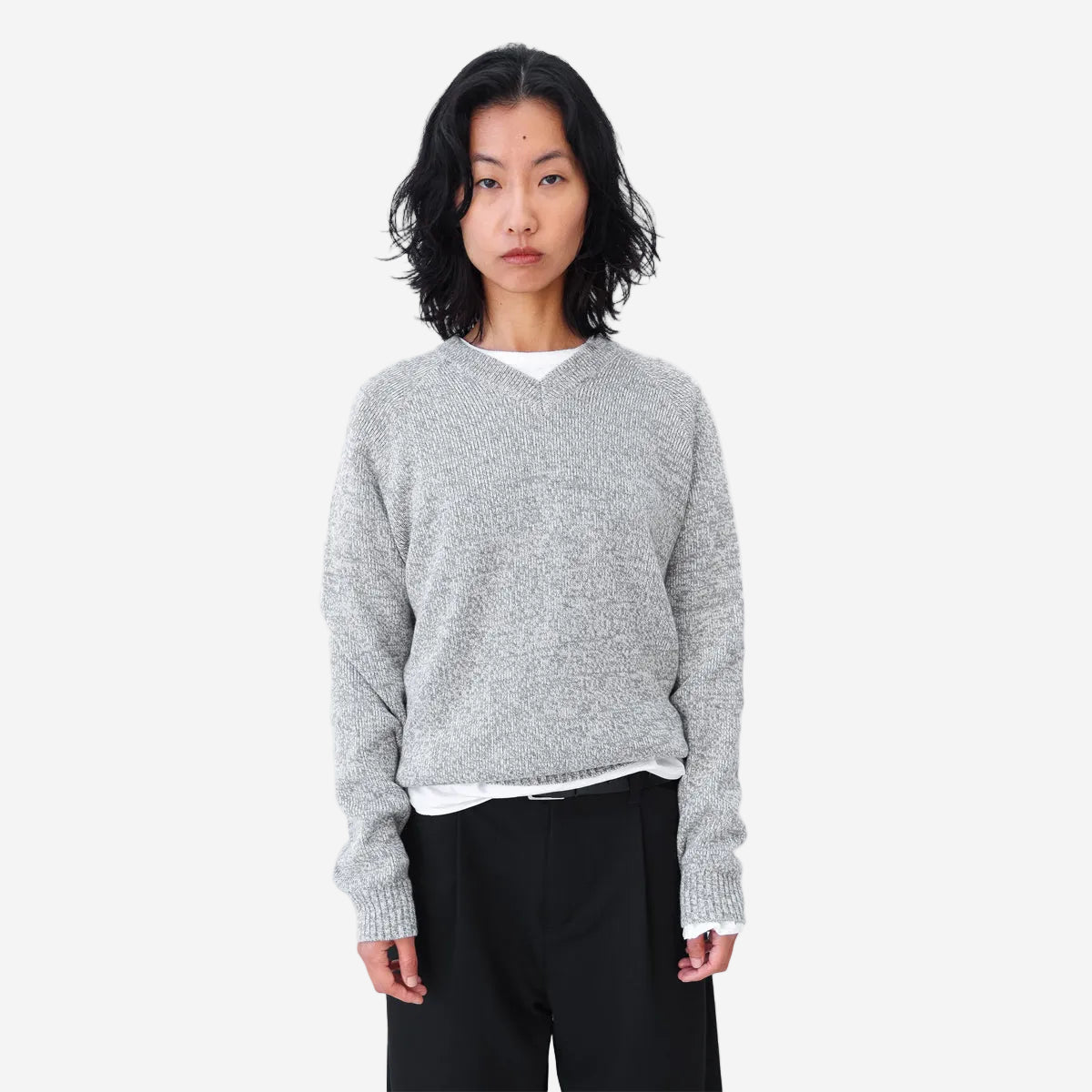 V-Neck Heather C/W Knit Sweater - Ash