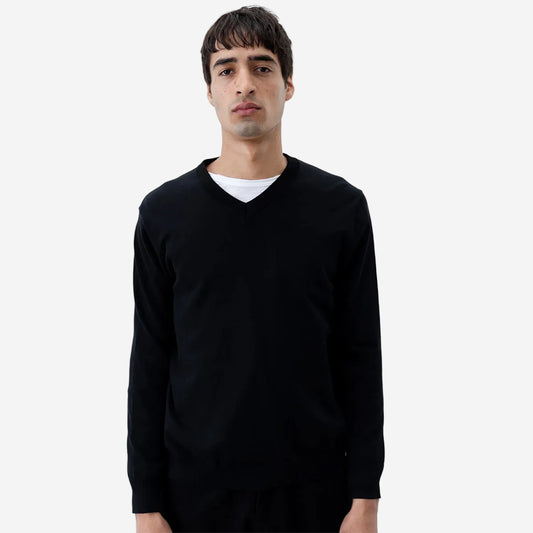 V-Neck Knit Cotton Sweater - Black