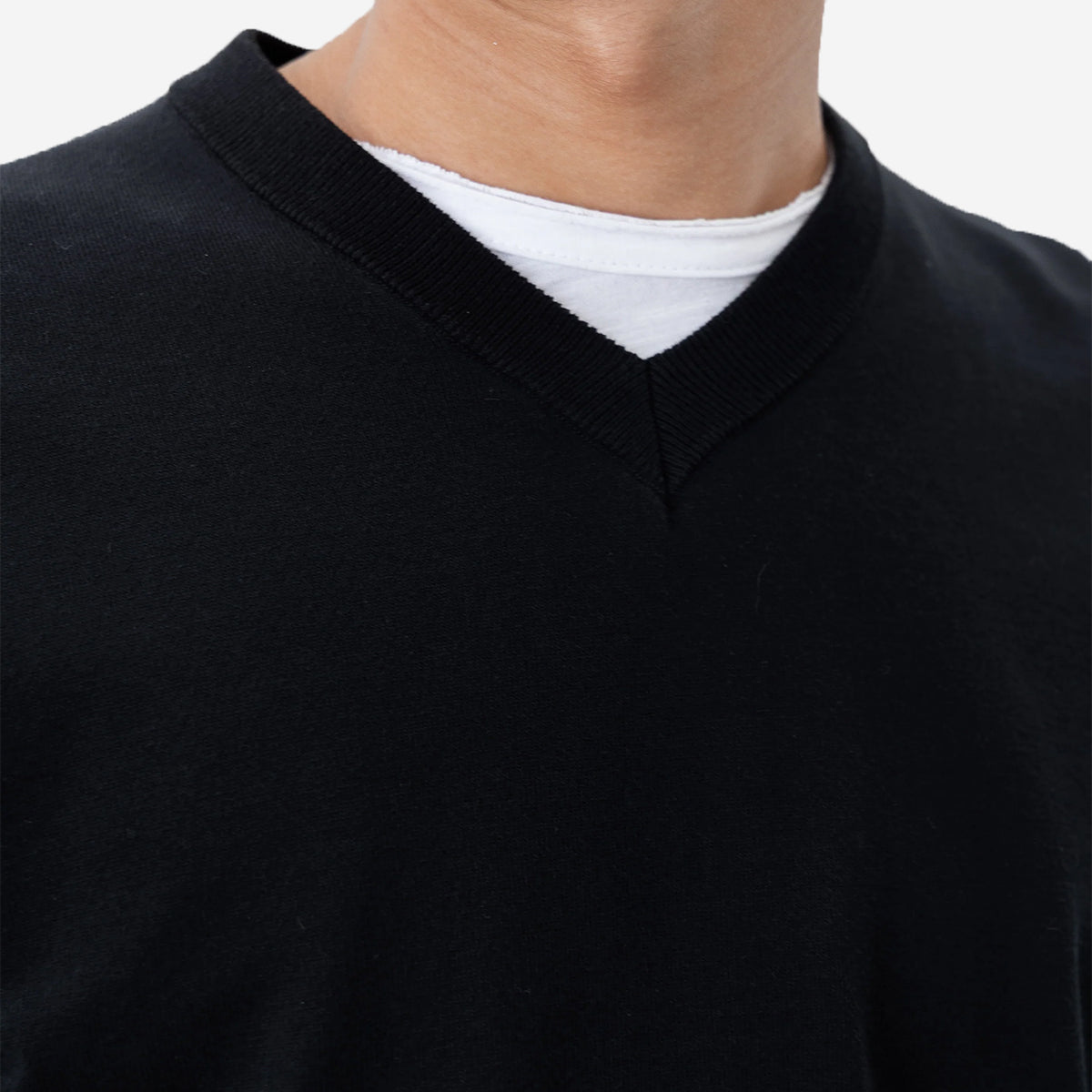 V-Neck Knit Cotton Sweater - Black