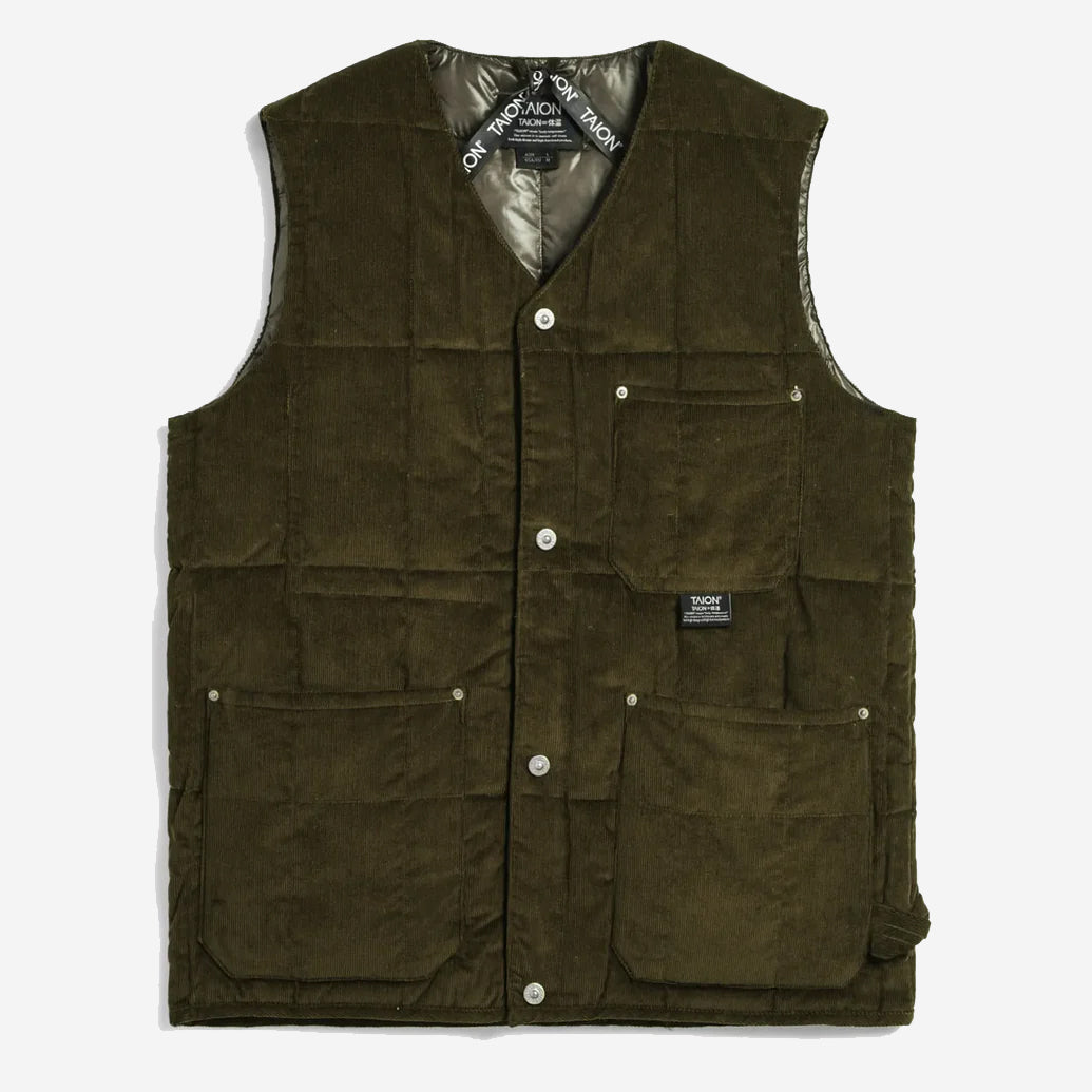 Work V-Neck Button Down Corduroy Vest - Dark Olive