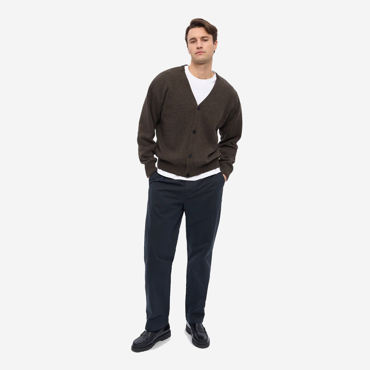 Merino Wool V-Neck Cardigan - Coffee Brown