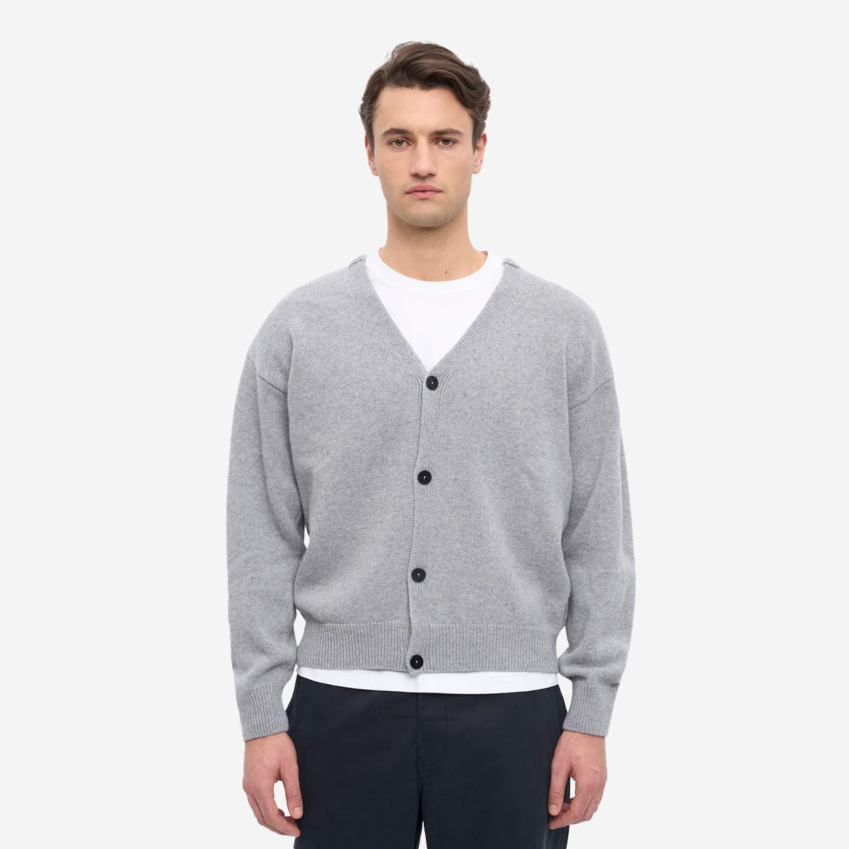 Merino Wool V-Neck Cardigan - Heather Grey