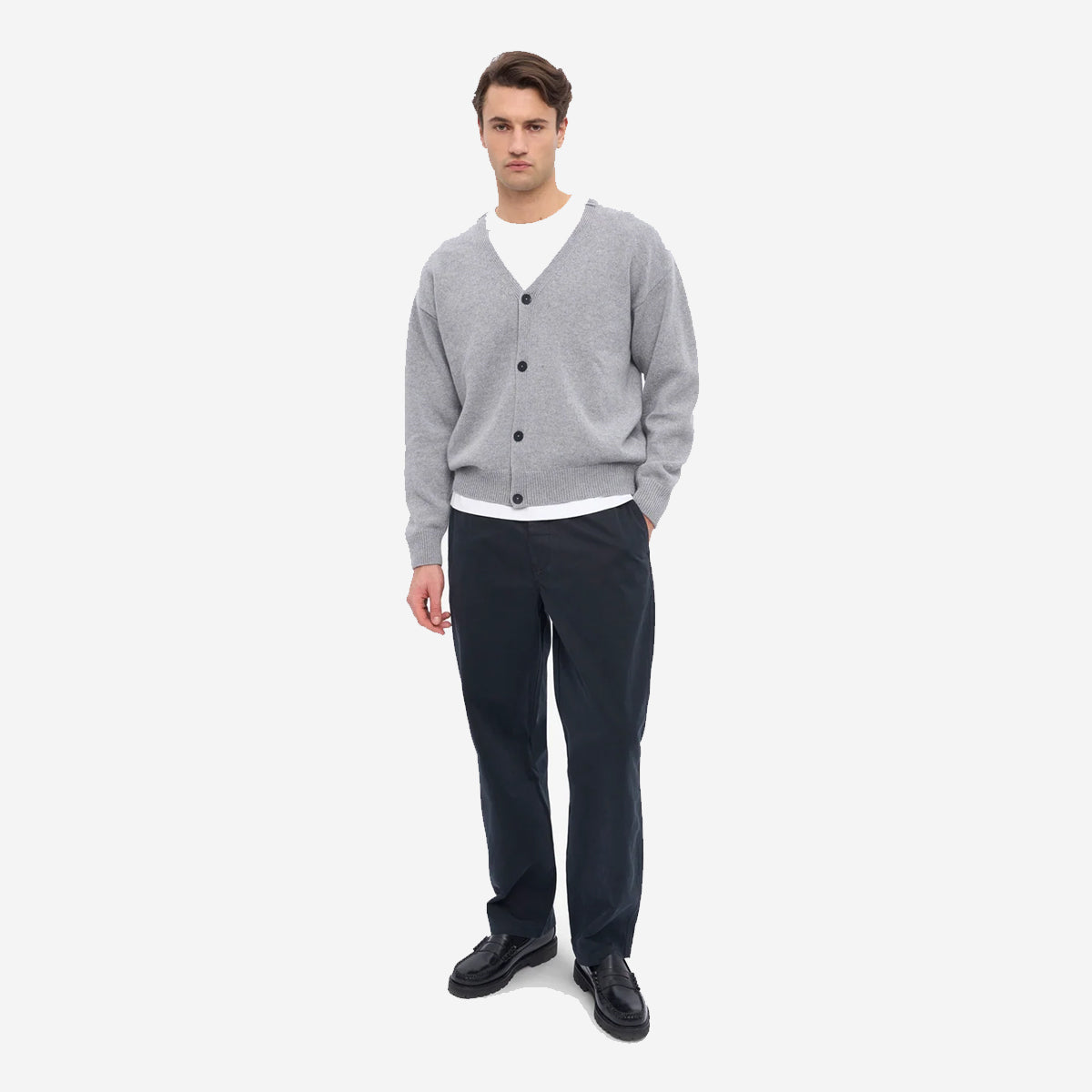 Merino Wool V-Neck Cardigan - Heather Grey
