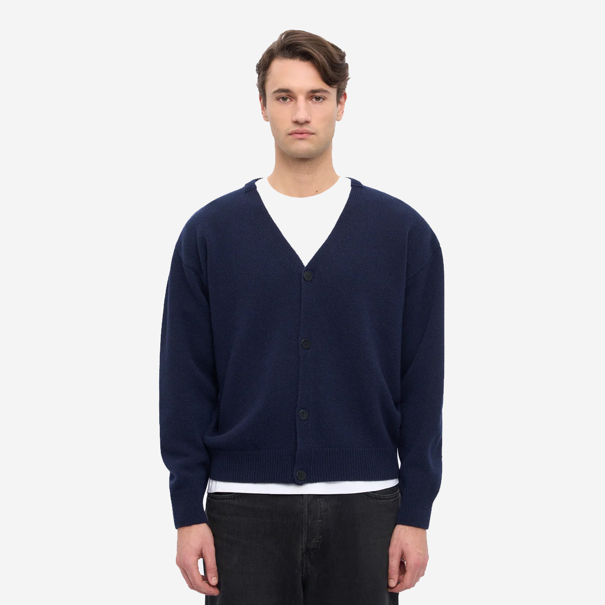 Merino Wool V-Neck Cardigan - Navy Blue