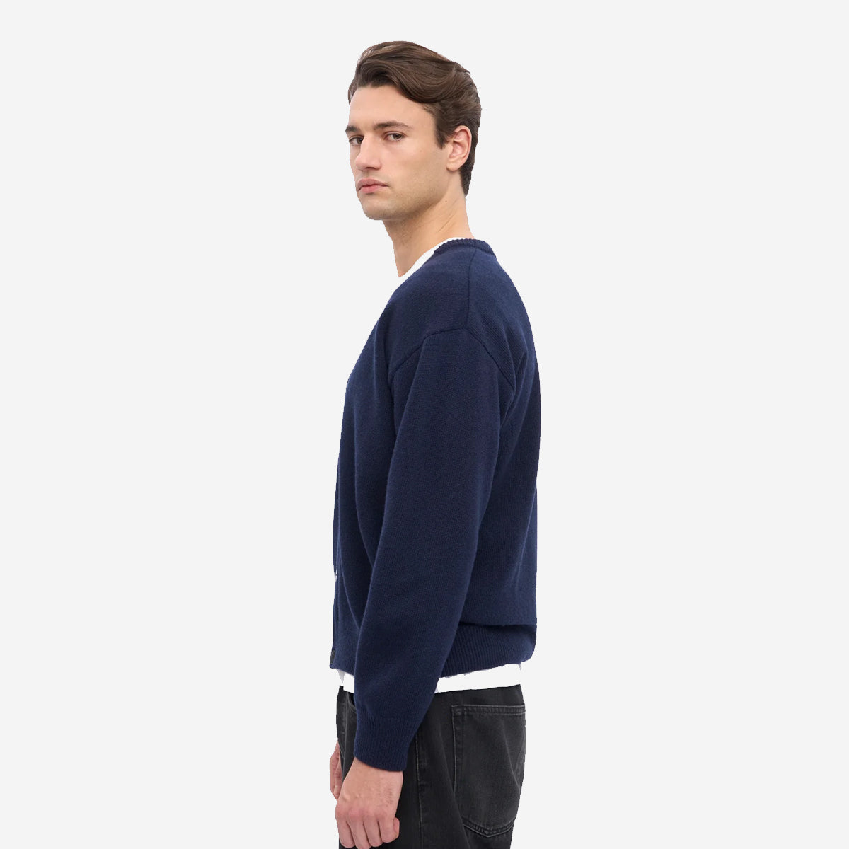 Merino Wool V-Neck Cardigan - Navy Blue