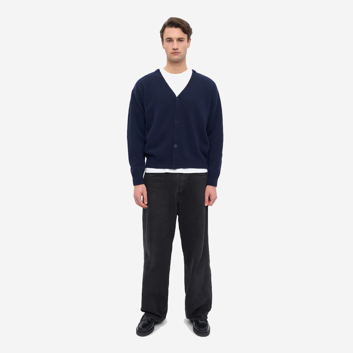 Merino Wool V-Neck Cardigan - Navy Blue
