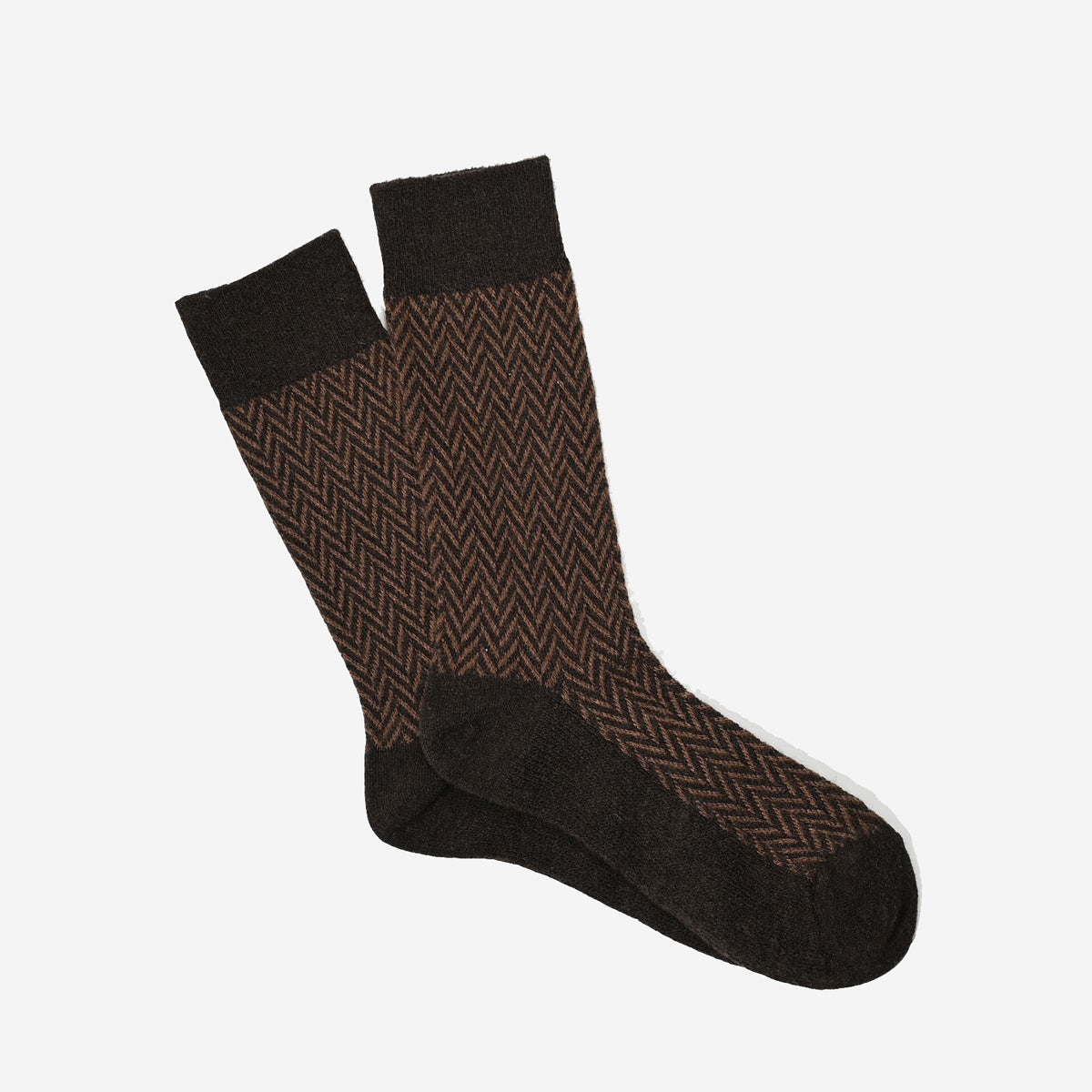 Wool Herringbone Crew Socks - Brown