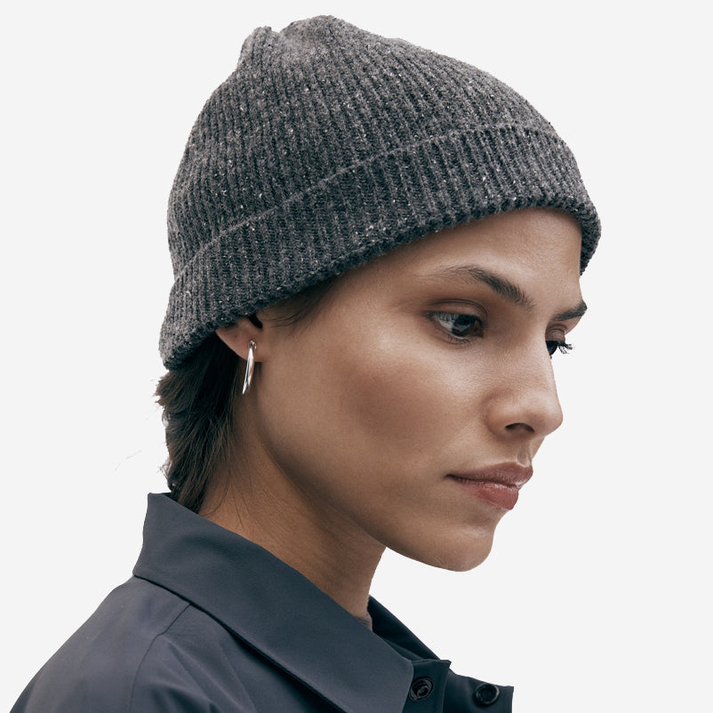 Merino Wool Silk Rib Beanie - Dark Grey Mélange