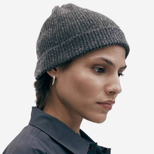 Merino Wool Silk Rib Beanie - Dark Grey Mélange