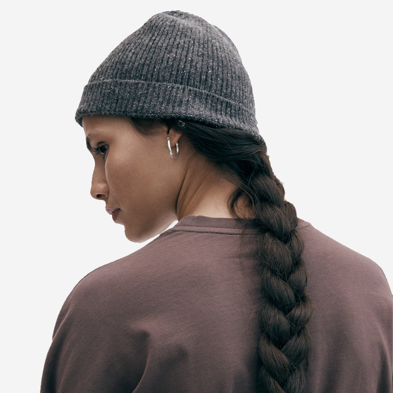 Merino Wool Silk Rib Beanie - Dark Grey Mélange