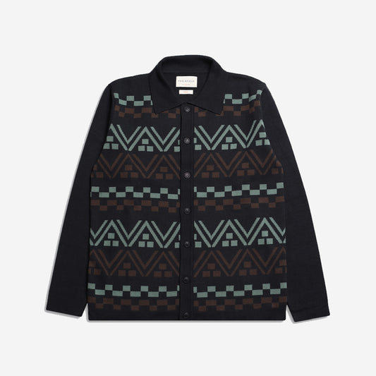 Zigger Peysa Stripe L/S Polo Cardigan - Black/Green/Slate Brown